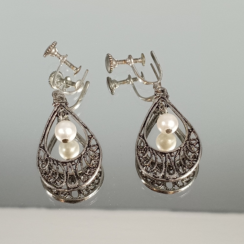 Vintage Silver Tone Filigree Pear Drop Screw Back Earrings Faux Pearl Dangle